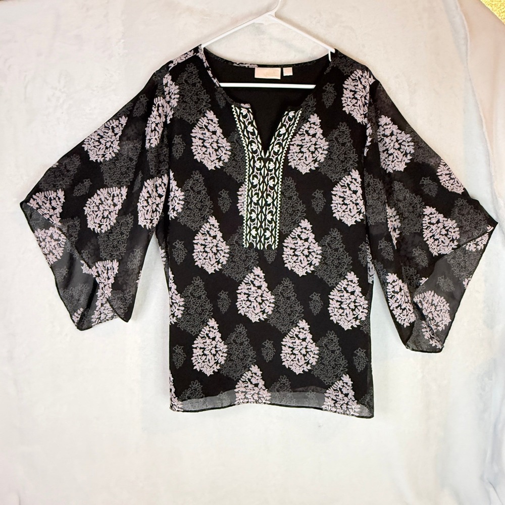 Belle Kim Gravel QVC Floral Embroidered Tunic Blouse Black Pink L Sheer Boho